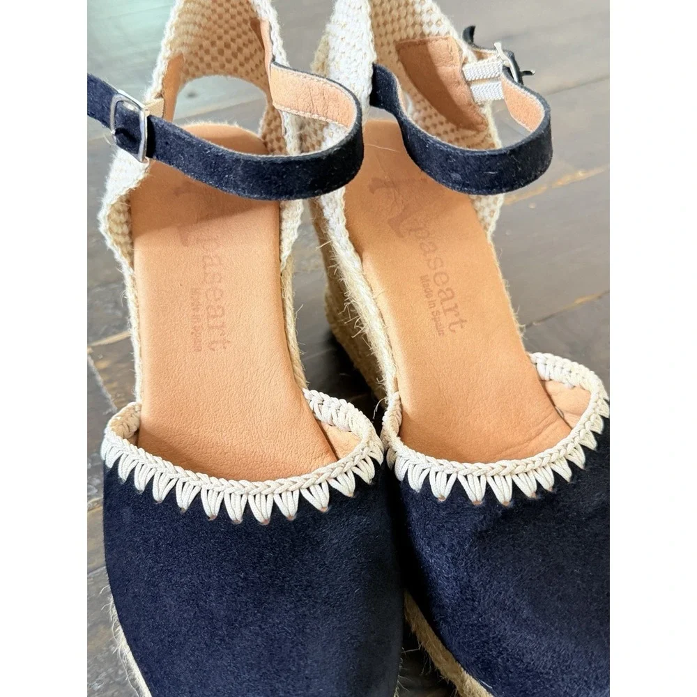 Apaseart Women's Black Suede Leather Espadrille Wedge Ankle Strap Shoes EU 37